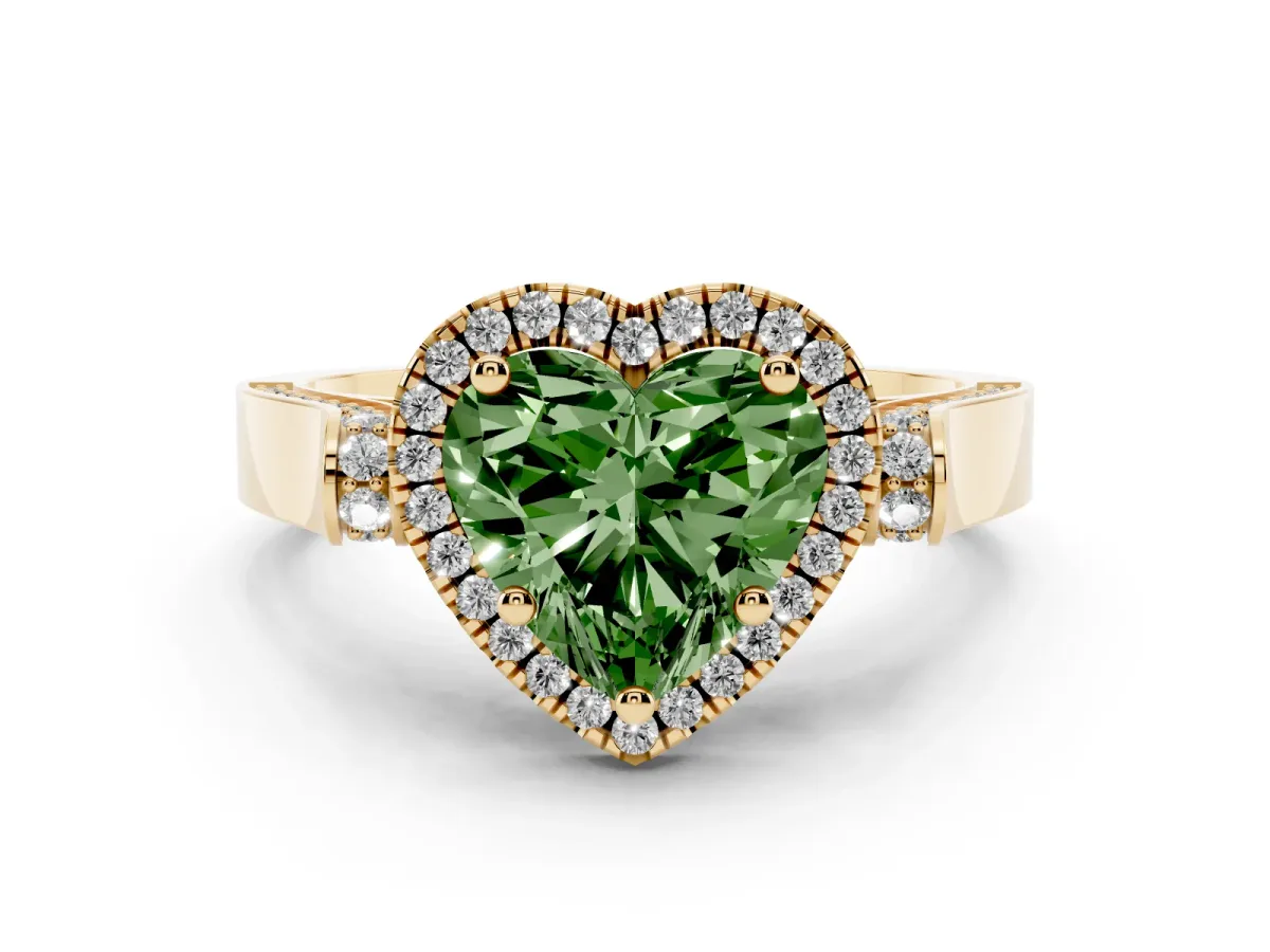 Fancy Green Heart Cut Halo Pave Split Shank Prong Setting Ring Yellow gold