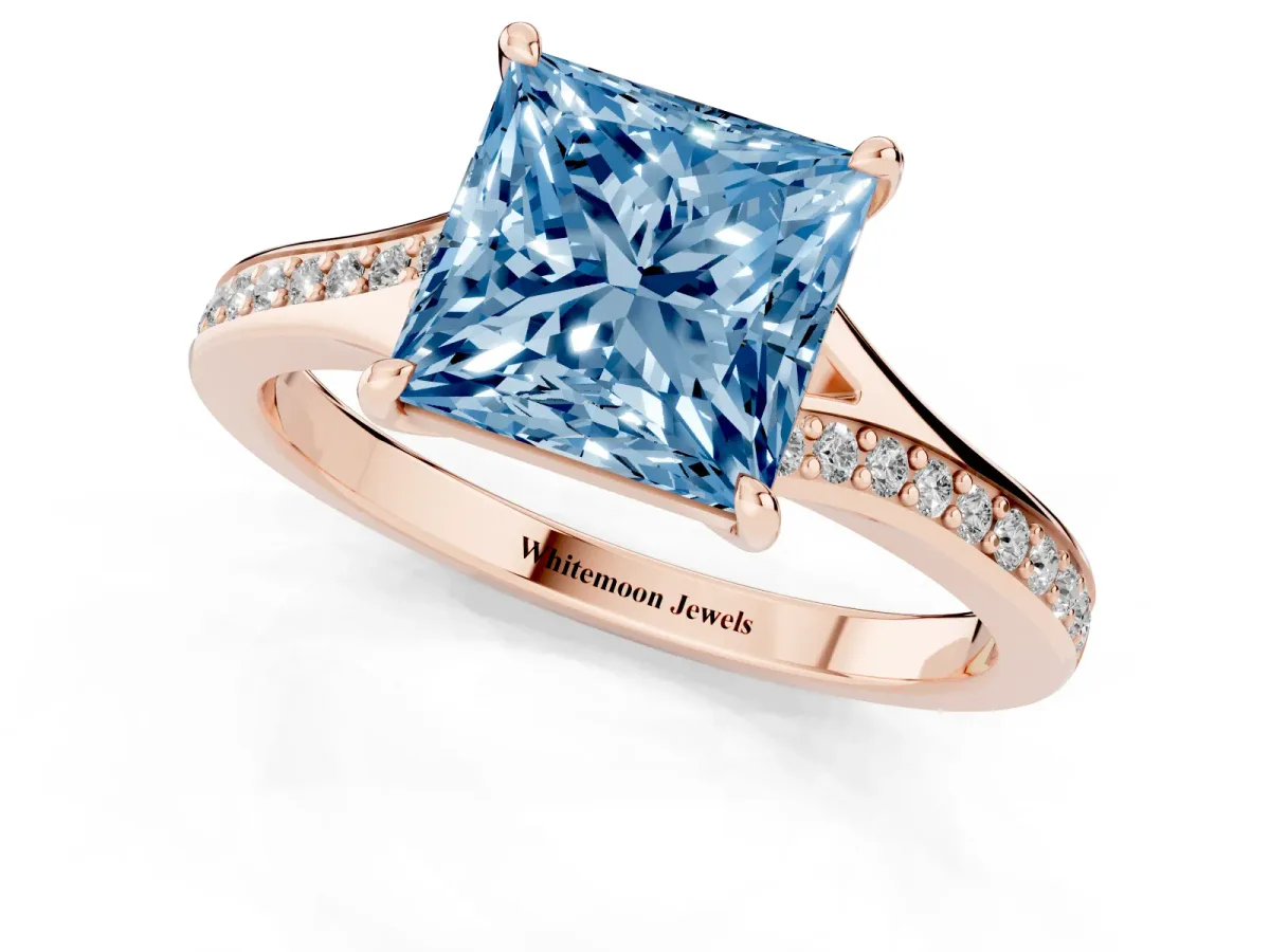 Fancy Blue Princess Cut Diamond Solitaire Ring with Pavé Band and Prong Setting Rose gold