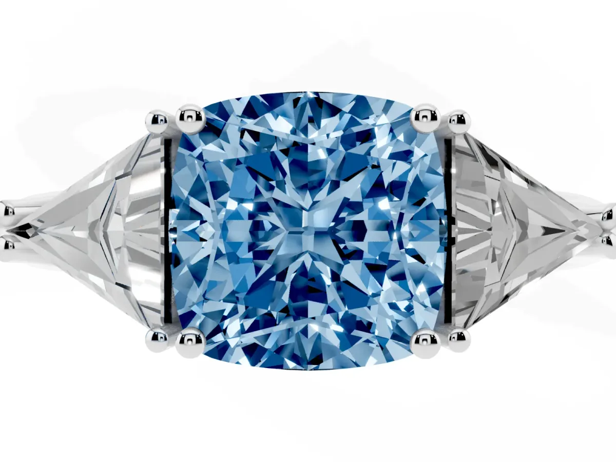 Fancy Blue Three-Stone Cushion Cut Diamond Engagement Ring with Trillion Side Stones and Prong Setting Silver