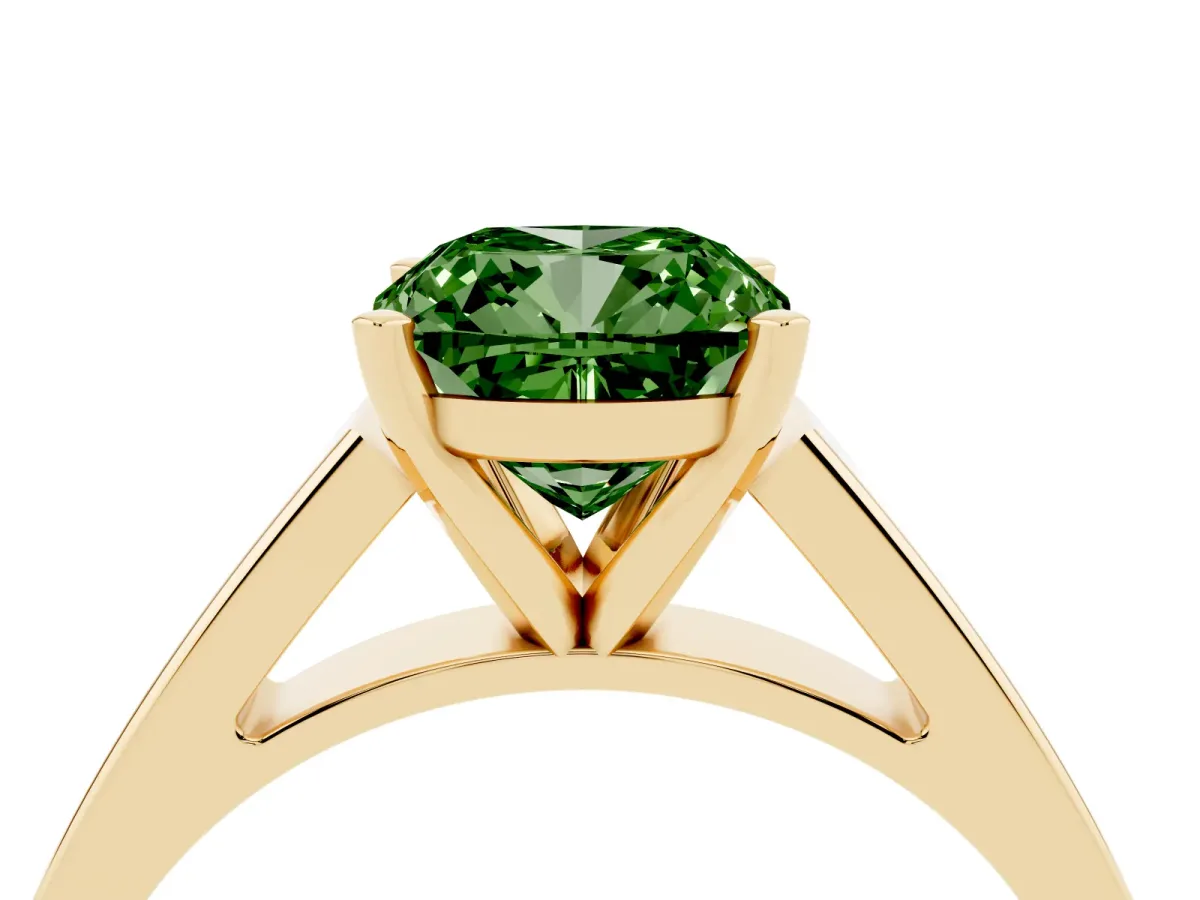 Fancy Green Cushion Cut Solitaire Engagement Ring with Four-Prong Setting and Tapered Band Yellow gold
