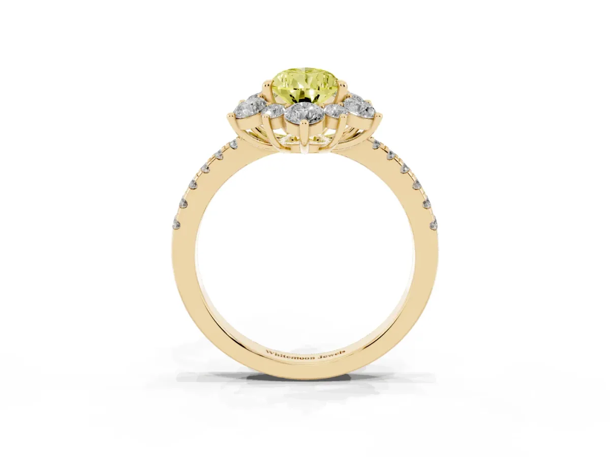 Fancy Yellow Pear Cut Diamond Floral Halo Ring with Round Pavé Band and Prong Setting Yellow gold