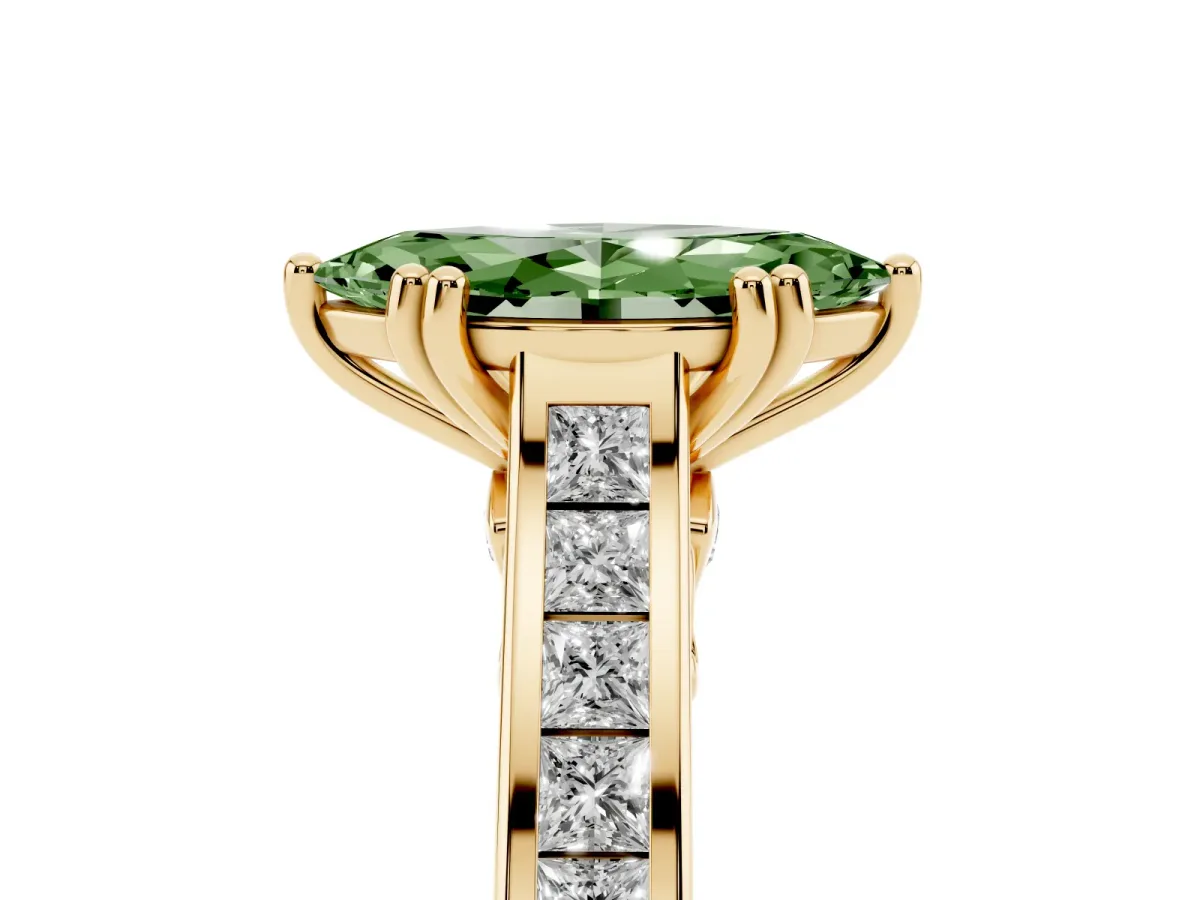 Fancy Green Marquise Cut Cut Channel Set Solitaire Engagement Ring with Prong Setting Yellow gold