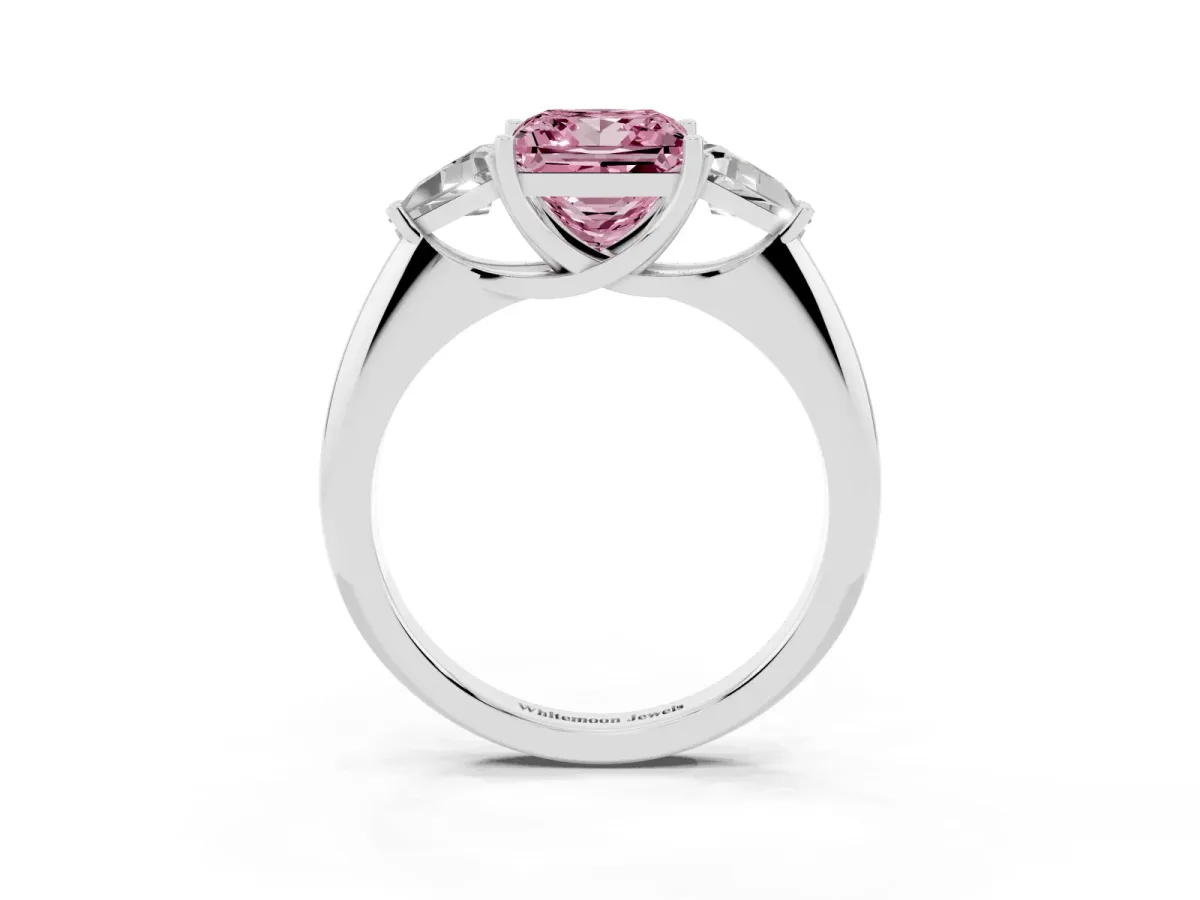 Fancy Pink Three-Stone Princess Cut Diamond Engagement Ring with Trillion Side Stones and Prong Setting White gold