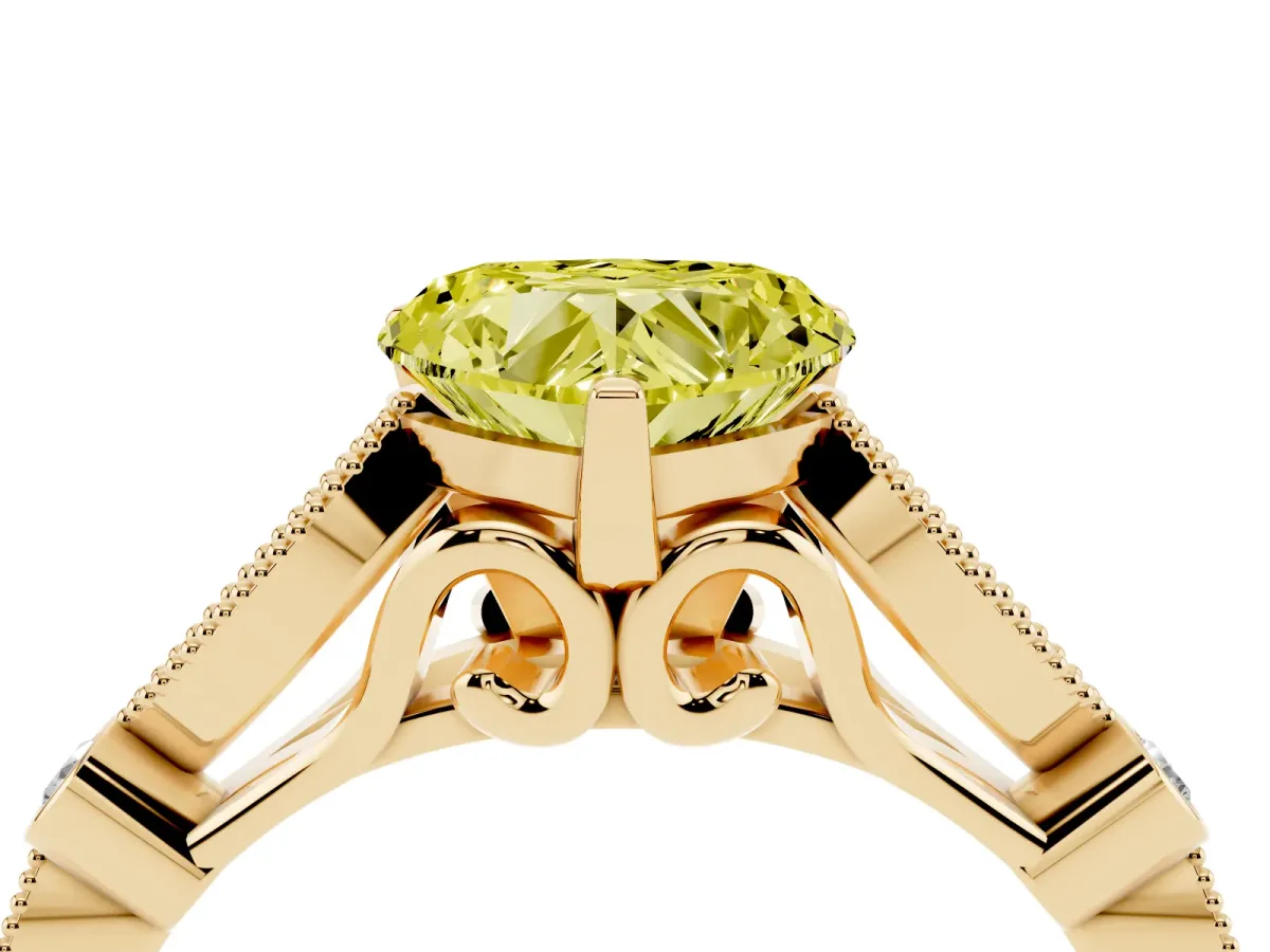 Fancy Yellow Heart Cut Cut Diamond with Milgrain Marquise and Bezel Accents on a Solitaire Band with Prong Setting Yellow gold
