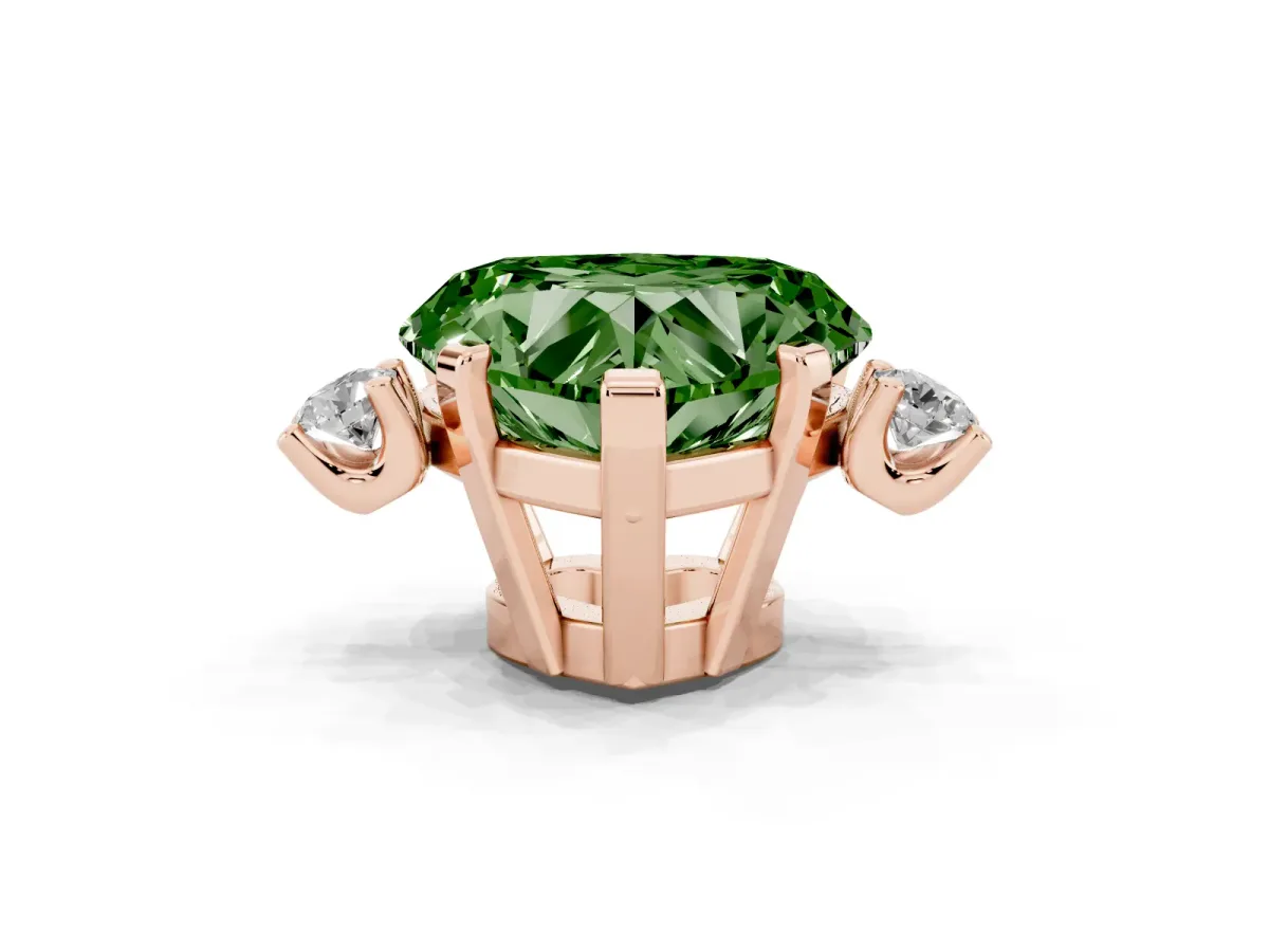Fancy Green Heart Cut Cut Three-Stone Solitaire Ring with Round Accent Diamonds and Four-Prong Setting Rose gold