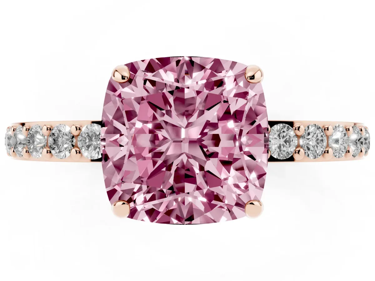 Fancy Pink Cushion Cut Diamond Pavé Engagement Ring with Round Accents and Prong Setting Rose gold