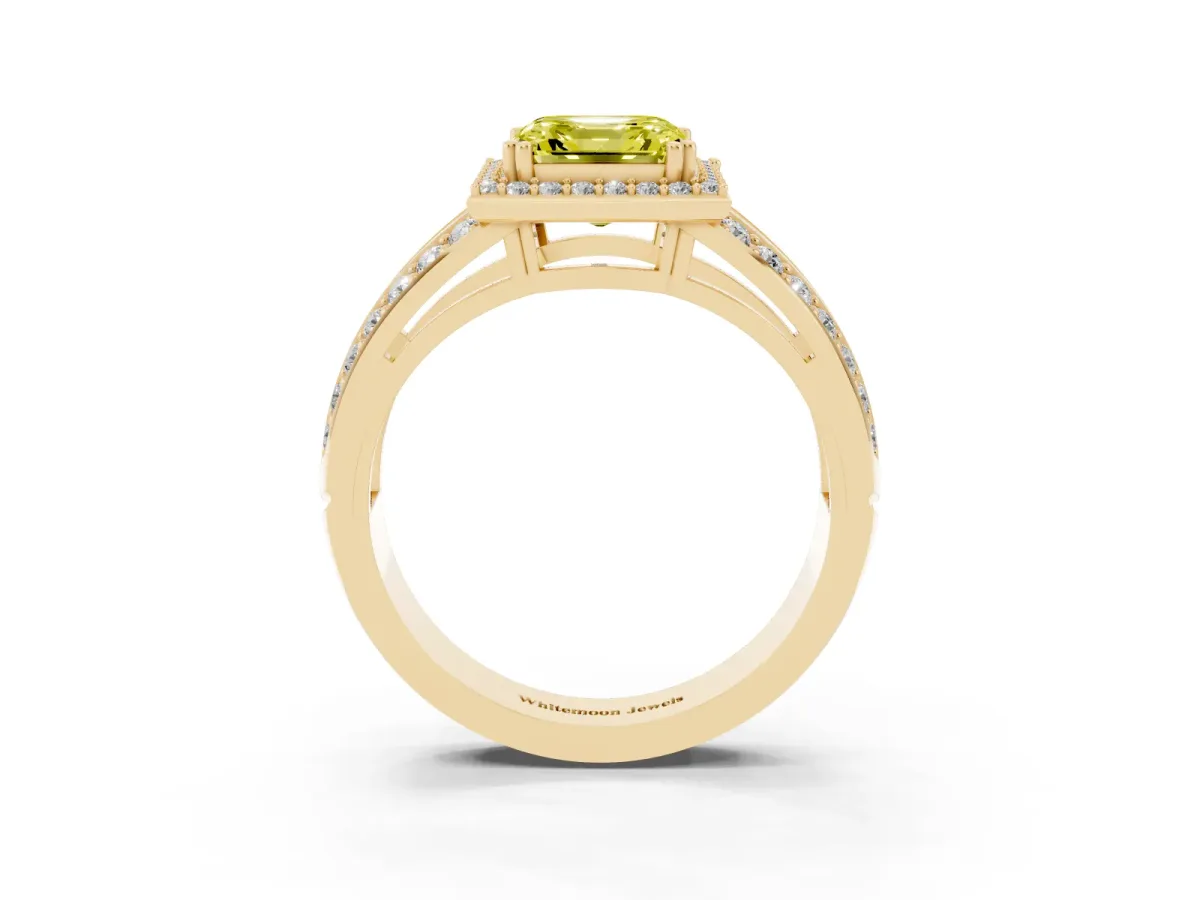 Fancy Yellow Asscher Cut Diamond Halo Ring with Split Shank Pavé Band and Four-Prong Setting Yellow gold