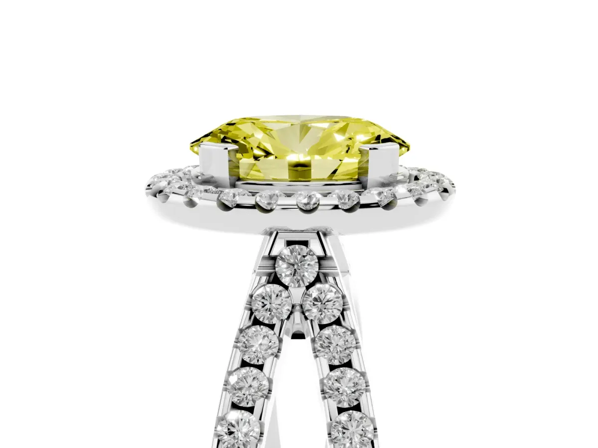 Fancy Yellow Oval Cut Diamond Halo Ring with Split Shank Pavé Band and Prong Setting Silver