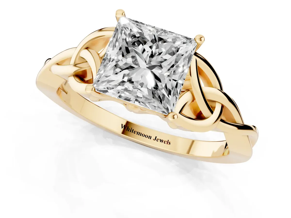 Princess Cut Diamond Solitaire Engagement Ring with Celtic Knot Band and Four-Prong Setting Yellow gold