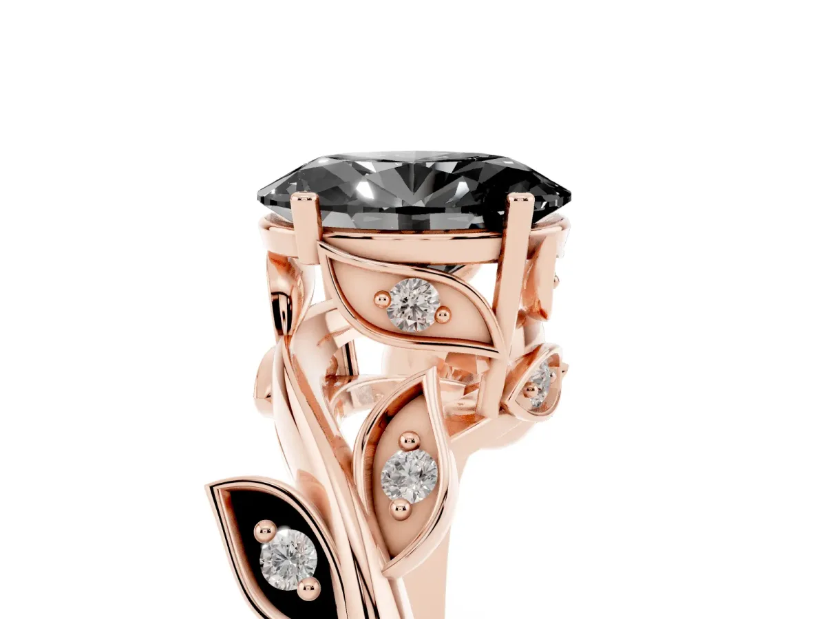 Fancy Black Oval Cut Solitaire Twist Engagement Ring with Leaf Accents and Prong Setting Rose gold