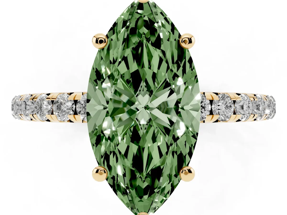 Fancy Green Marquise Cut Cut Diamond Solitaire Ring with Micro Pave Band and Four Prong Setting Yellow gold