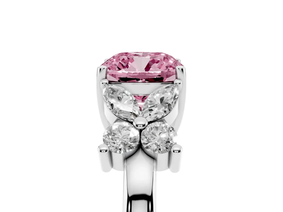 Fancy Pink Cushion Cut Diamond Floral Cluster Ring with Solitaire Band and Prong Setting White gold
