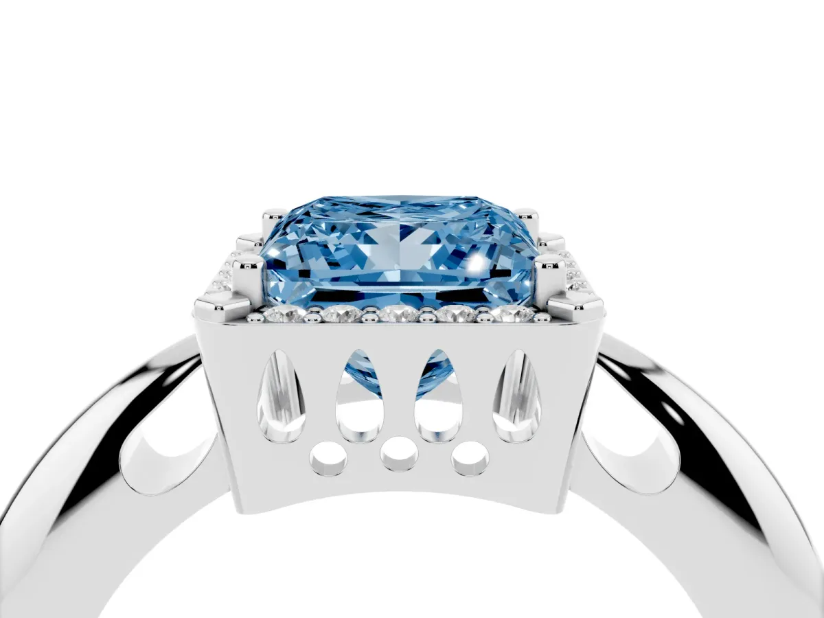 Fancy Blue Princess Cut Cut Diamond Halo Engagement Ring with Split Shank and Four-Prong Setting Silver