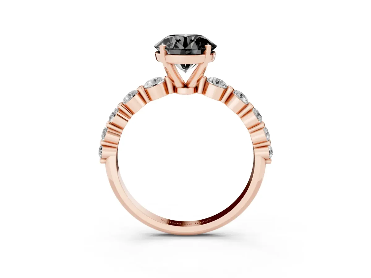 Fancy Black Round Cut Solitaire Diamond Ring with Pave Band and Four-Prong Setting Rose gold