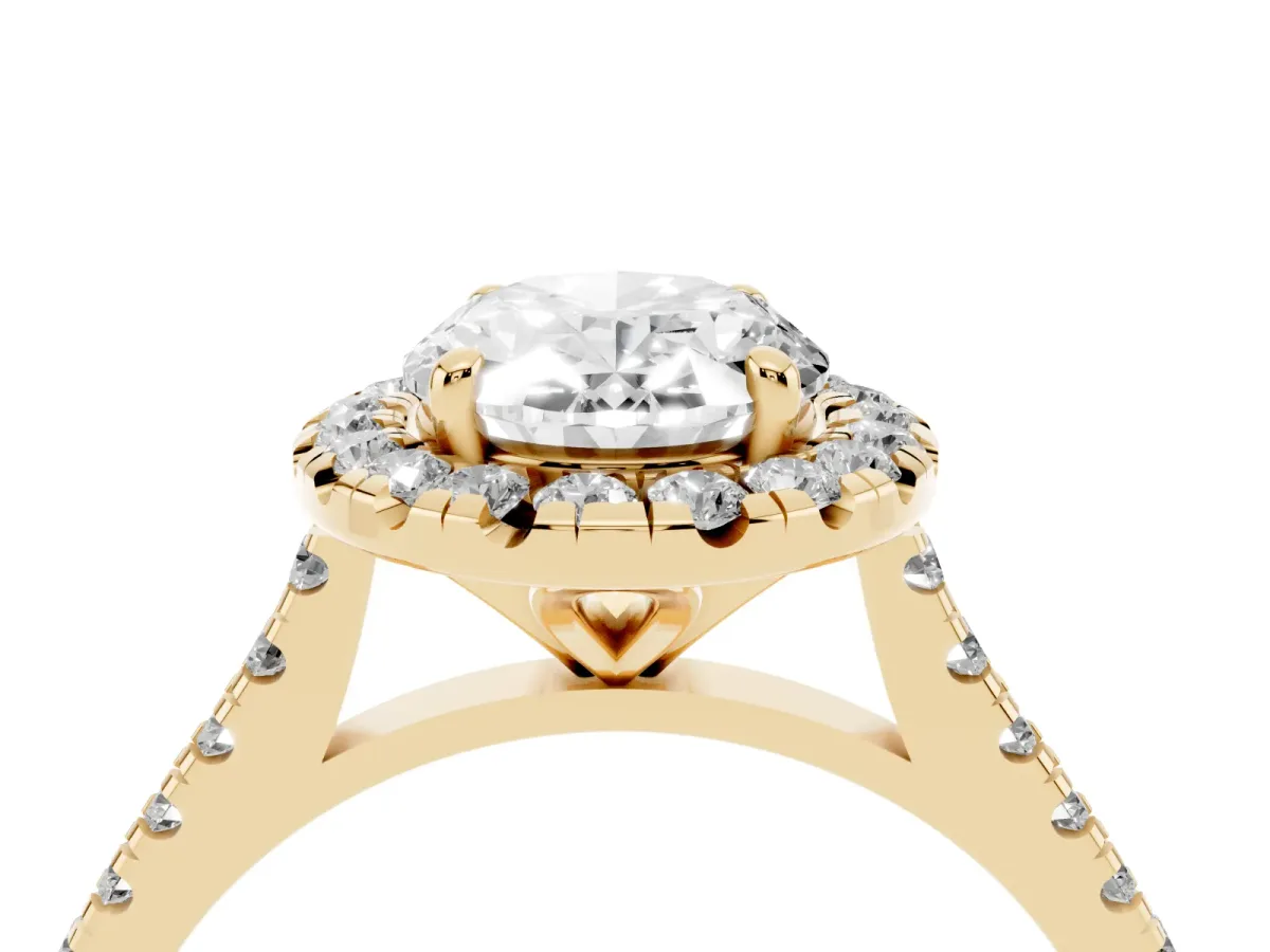 Oval Cut Diamond Cushion Halo Ring with Pavé Band Yellow gold
