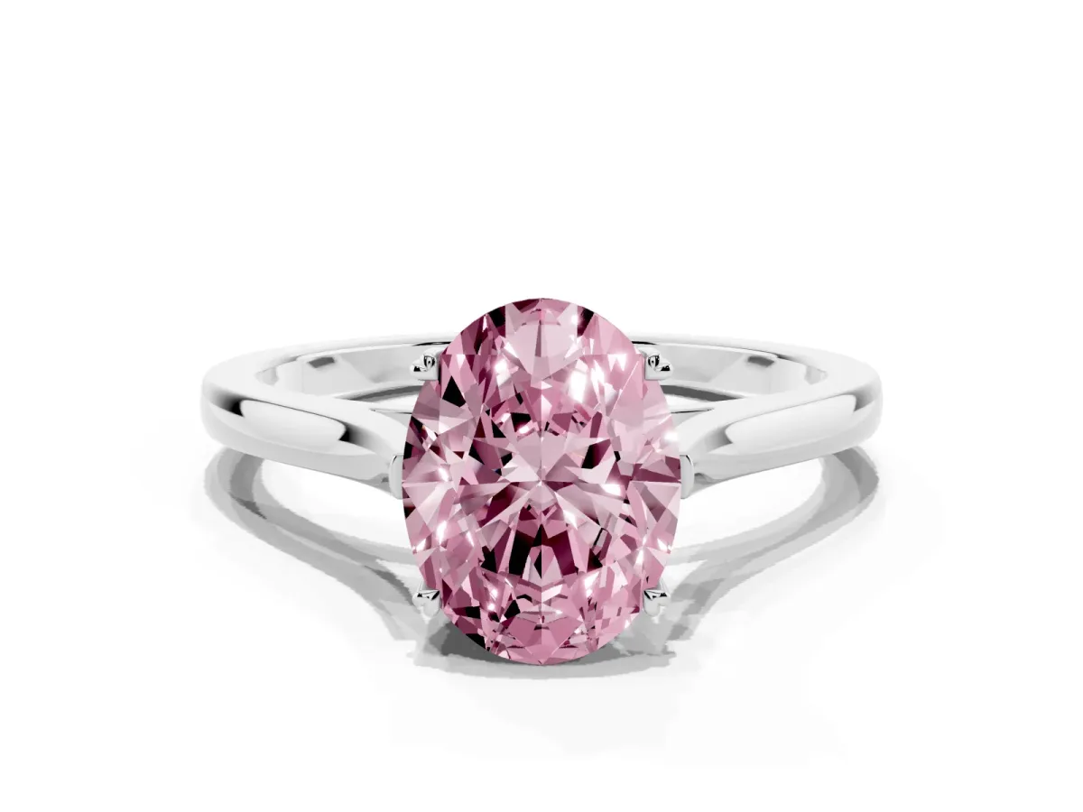 Fancy Pink Oval Cut Solitaire Heart Prong Engagement Ring with Tapered Band White gold