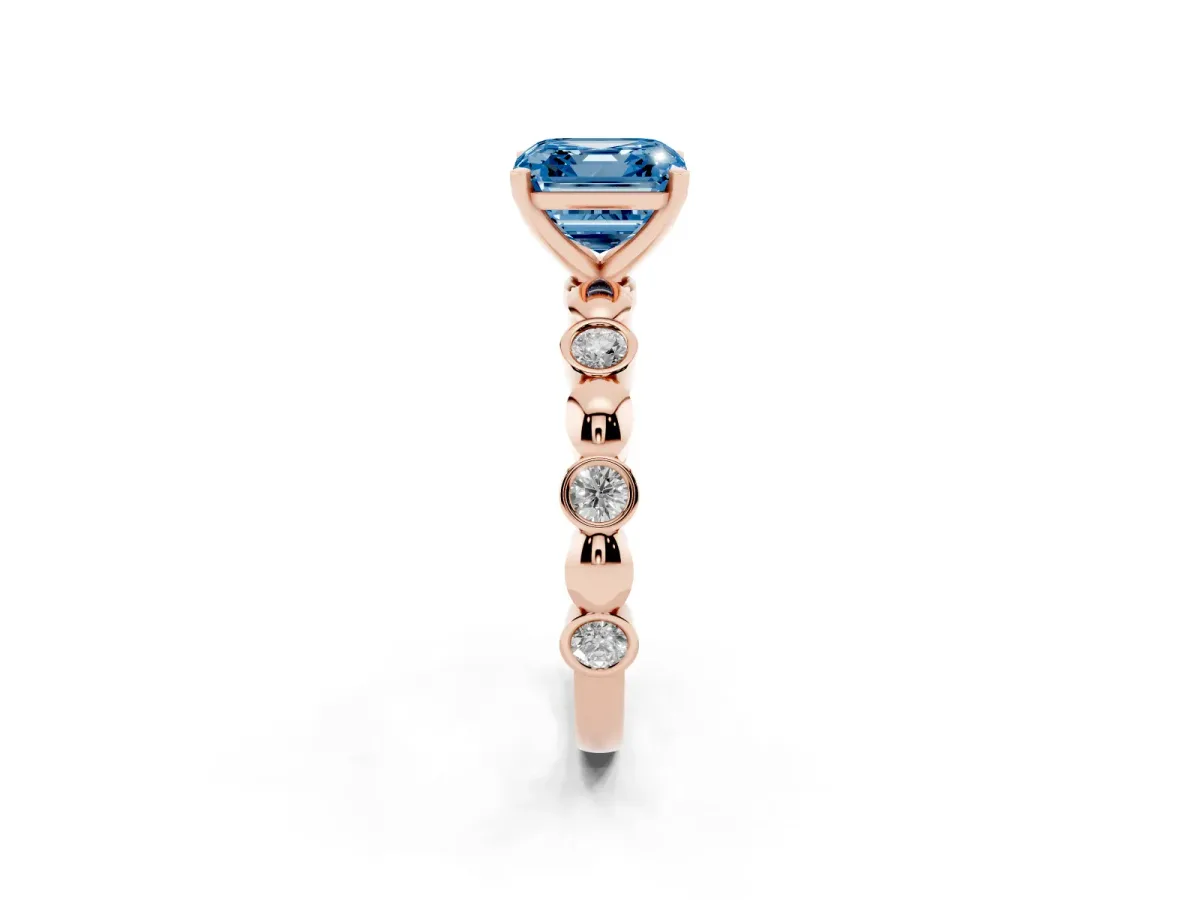 Fancy Blue Asscher Cut Solitaire Bezel-Set Diamond Ring with Beaded Band and Four-Prong Setting Rose gold