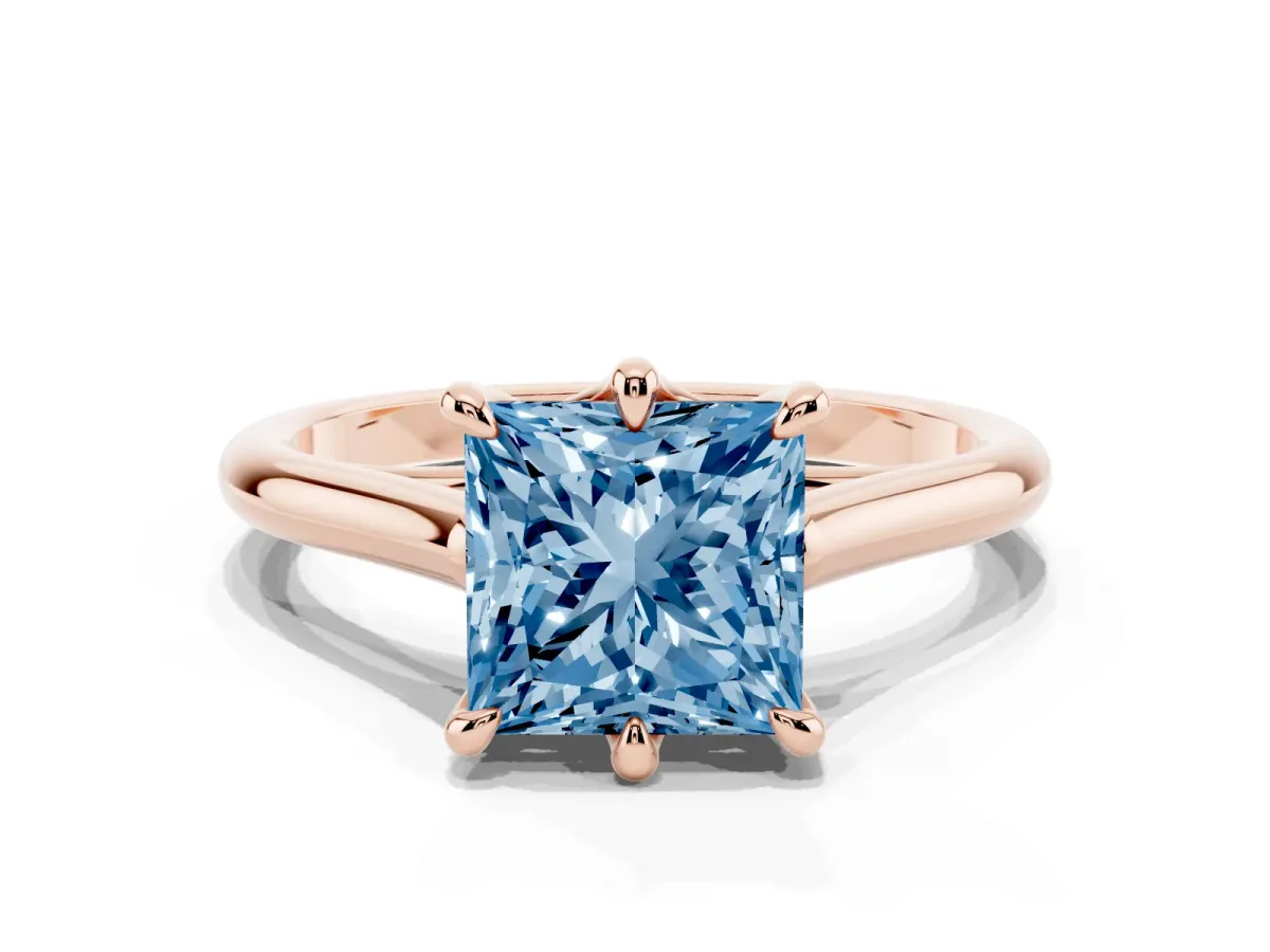 Fancy Blue Princess Cut Solitaire Engagement Ring with Six-Prong Setting and Classic Band Rose gold