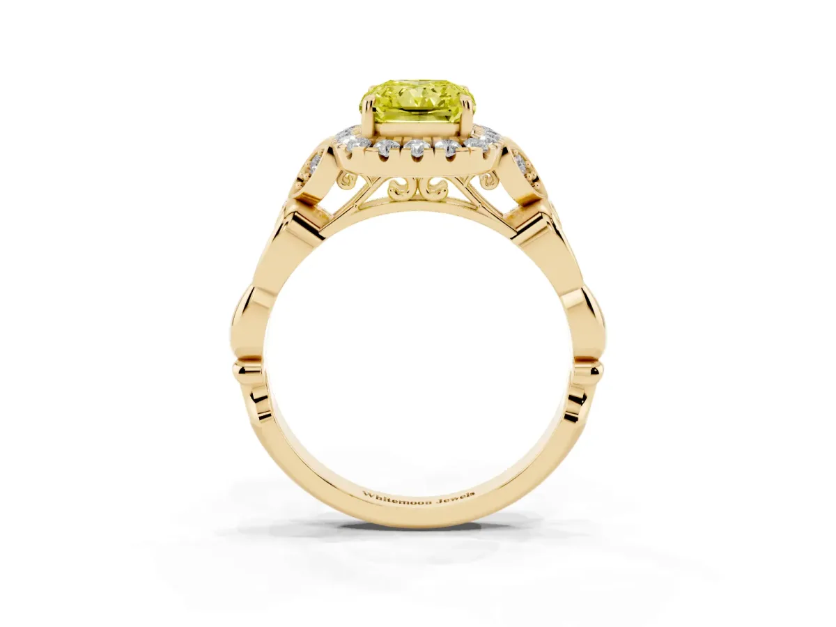Fancy Yellow Radiant Cut Halo Diamond Engagement Ring with Vintage-Inspired Band and Four-Prong Setting Yellow gold