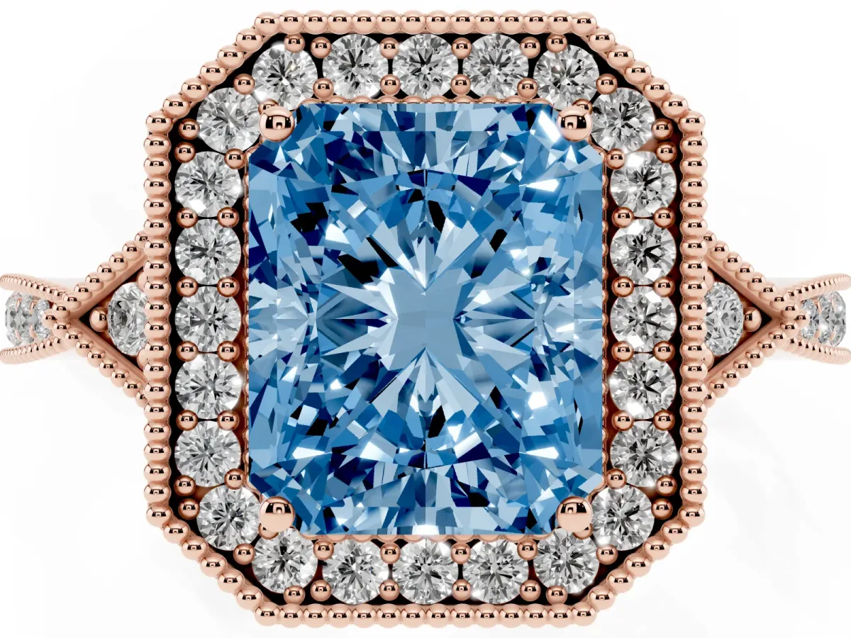 Fancy Blue Radiant Cut Halo Round Diamond Milgrain Pave Engagement Ring Rose gold