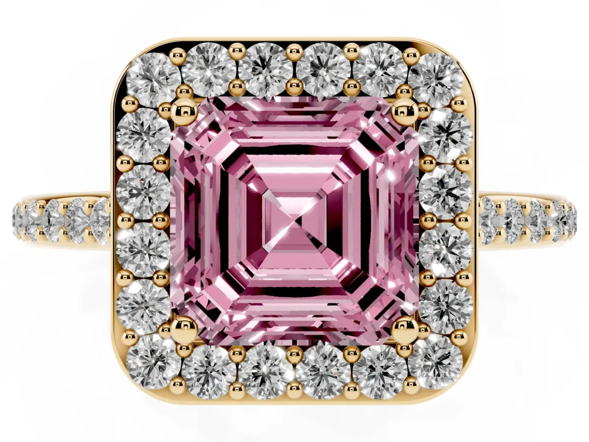Fancy Pink Asscher Cut Diamond Halo Engagement Ring with Round Pavé Shoulders and Prong Setting Yellow gold