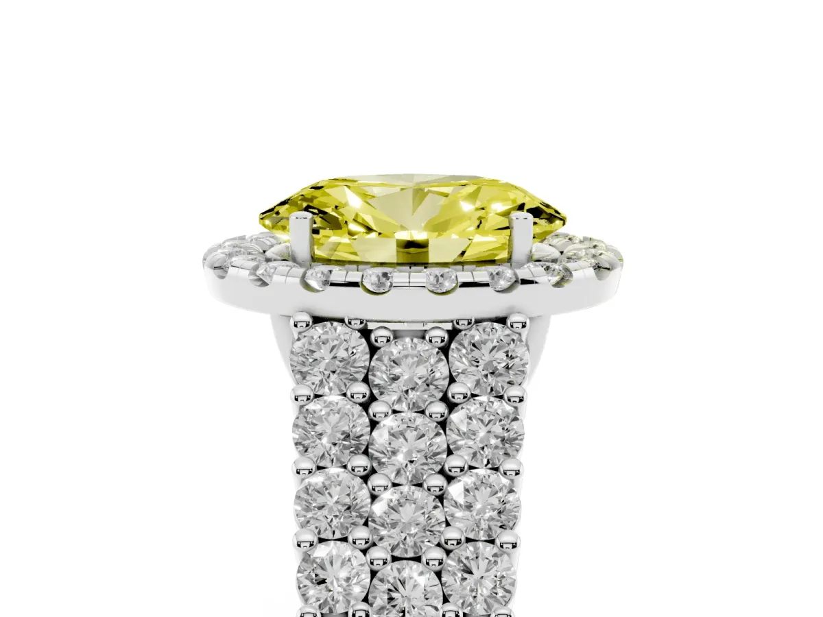 Fancy Yellow Oval Cut Diamond Halo Engagement Ring with Triple Row Round Pavé Band and Prong Setting Platinum