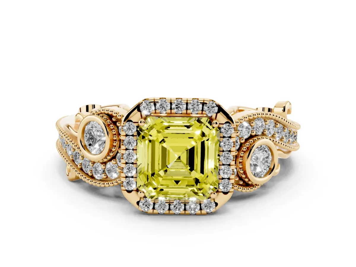 Fancy Yellow Asscher Cut Halo Diamond Ring with Milgrain and Bezel Accents on a Split Shank Band Yellow gold