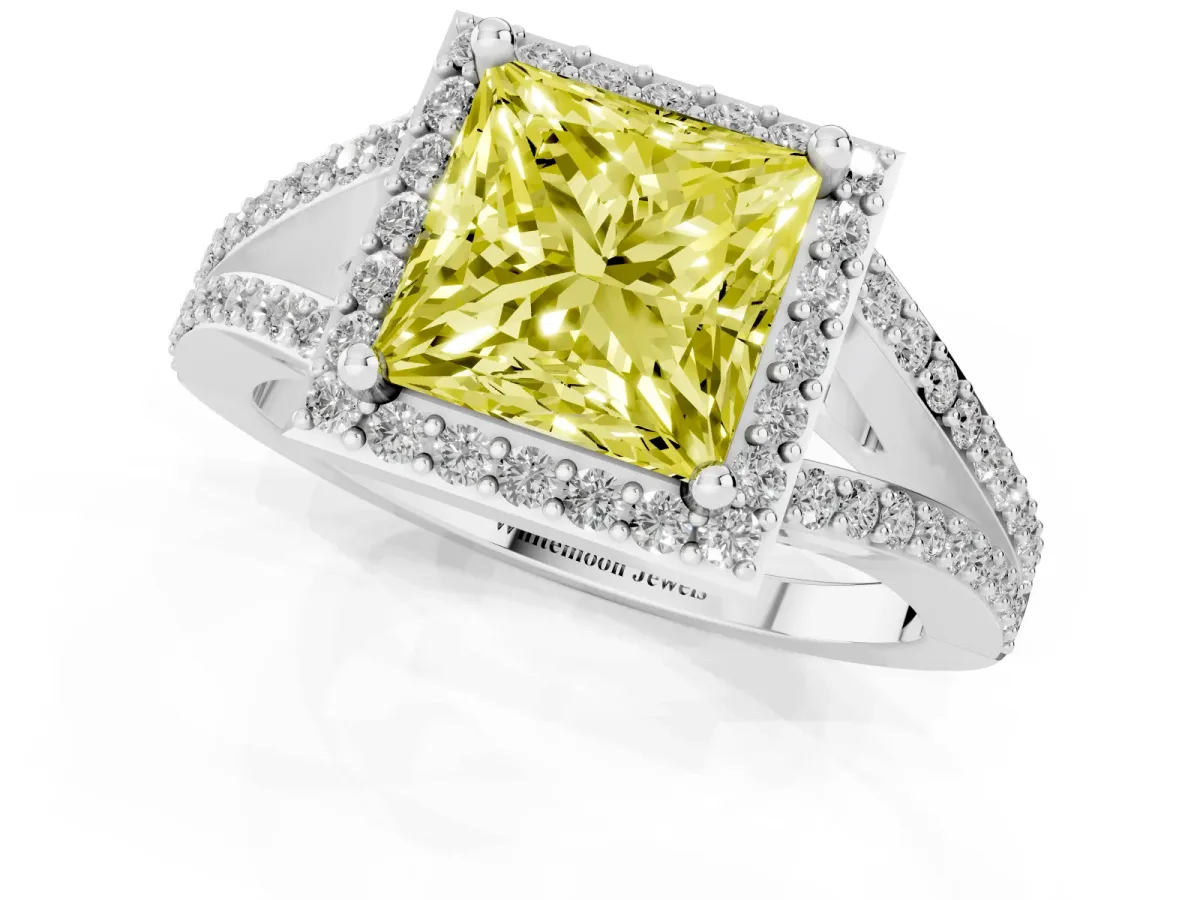 Fancy Yellow Princess Cut Halo Split Shank Pave Diamond Ring with Four-Prong Setting Platinum