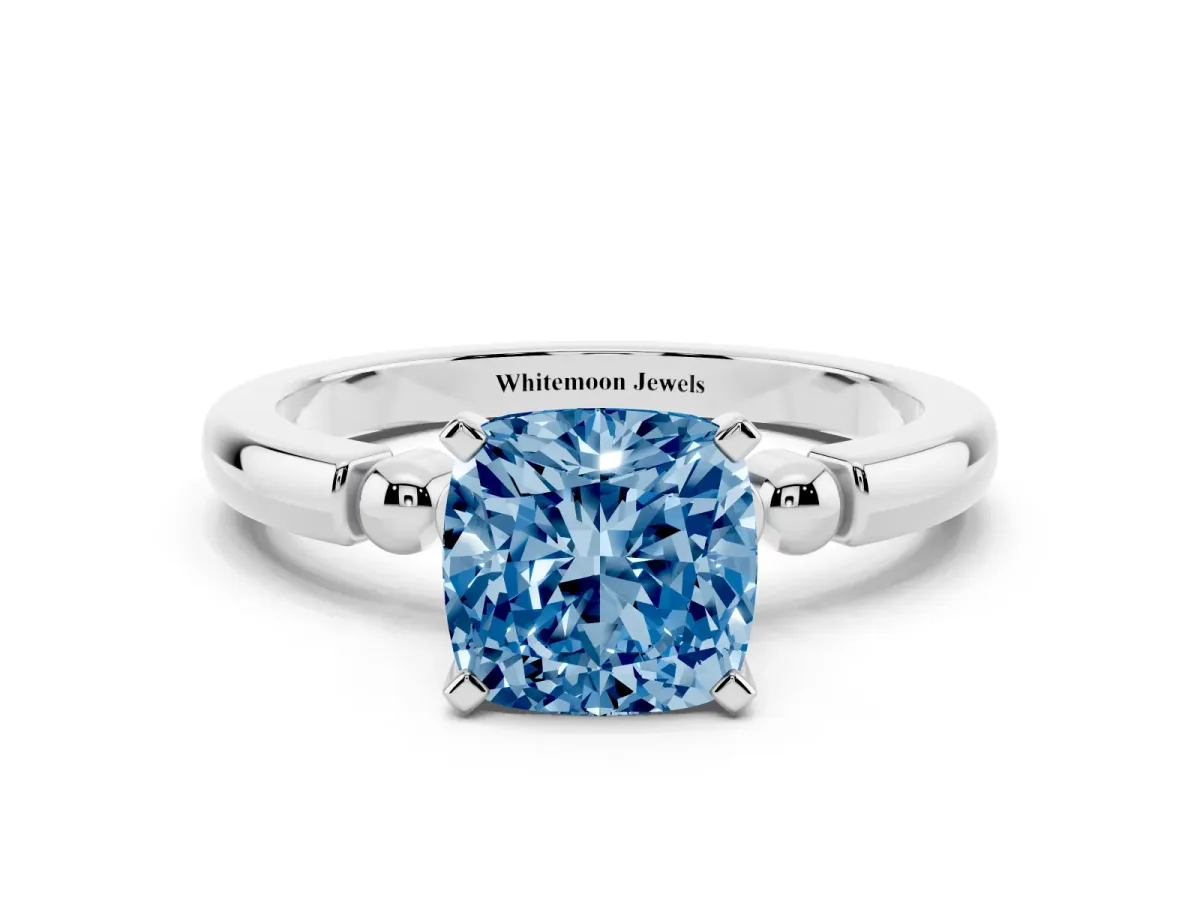 Fancy Blue Cushion Cut Solitaire Beaded Band with Four-Prong Setting White gold