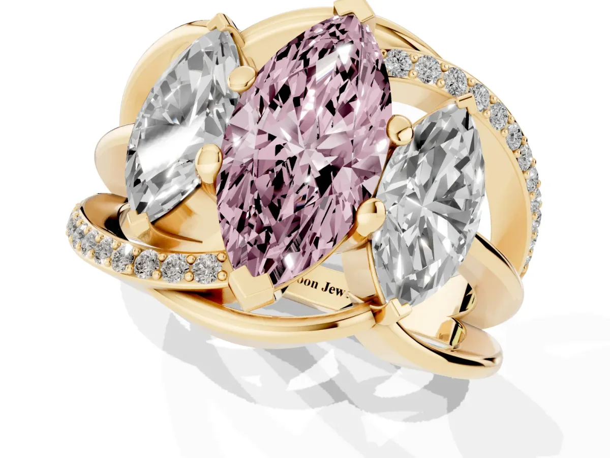 Fancy Pink Three-Stone Marquise Cut Cut Diamond Split Shank Prong Set Ring Yellow gold