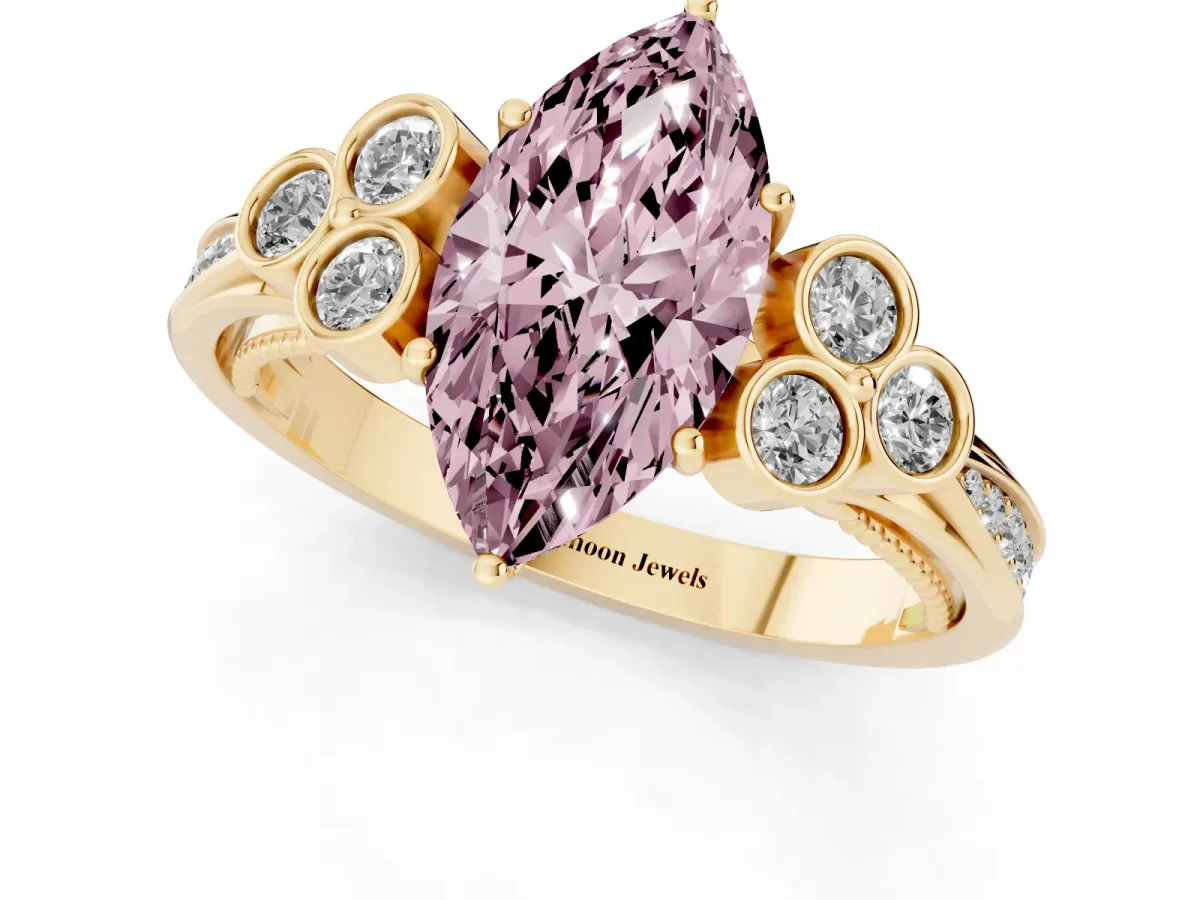 Fancy Pink Marquise Cut Cut Diamond Engagement Ring with Bezel Set Round Side Stones and Prong Setting Yellow gold