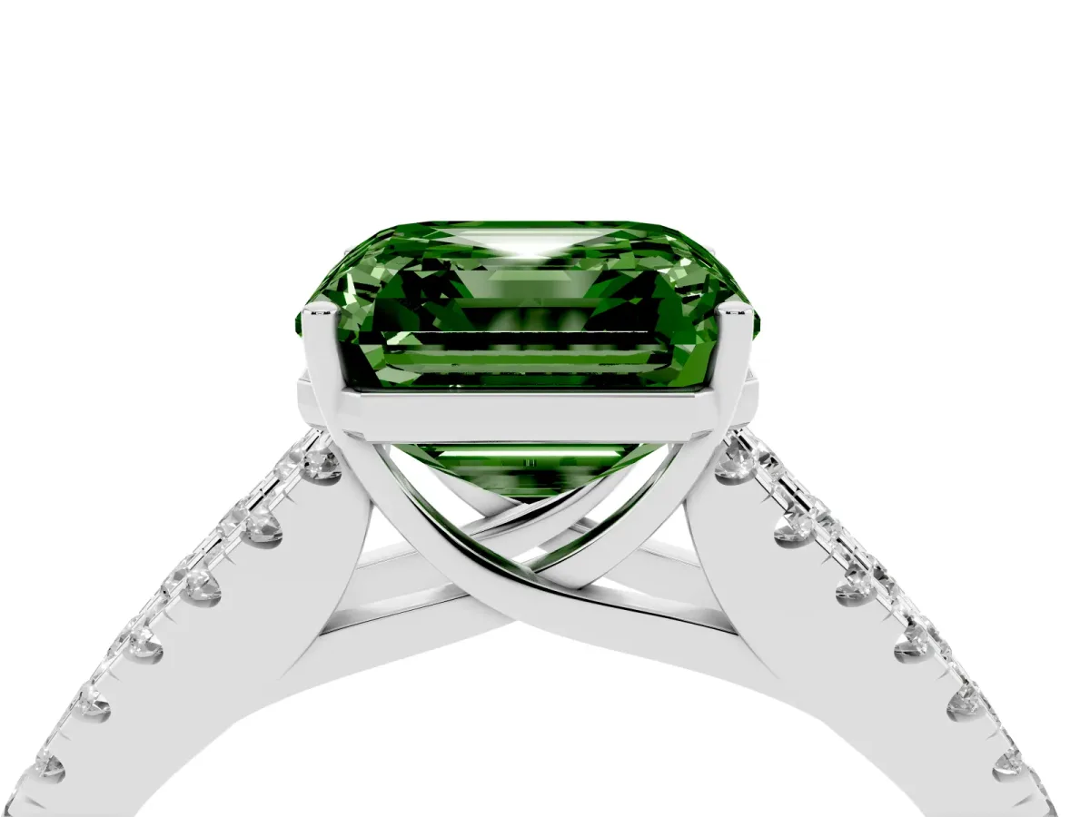 Fancy Green Asscher Cut Diamond Split Shank Pavé Engagement Ring with Four-Prong Setting Platinum