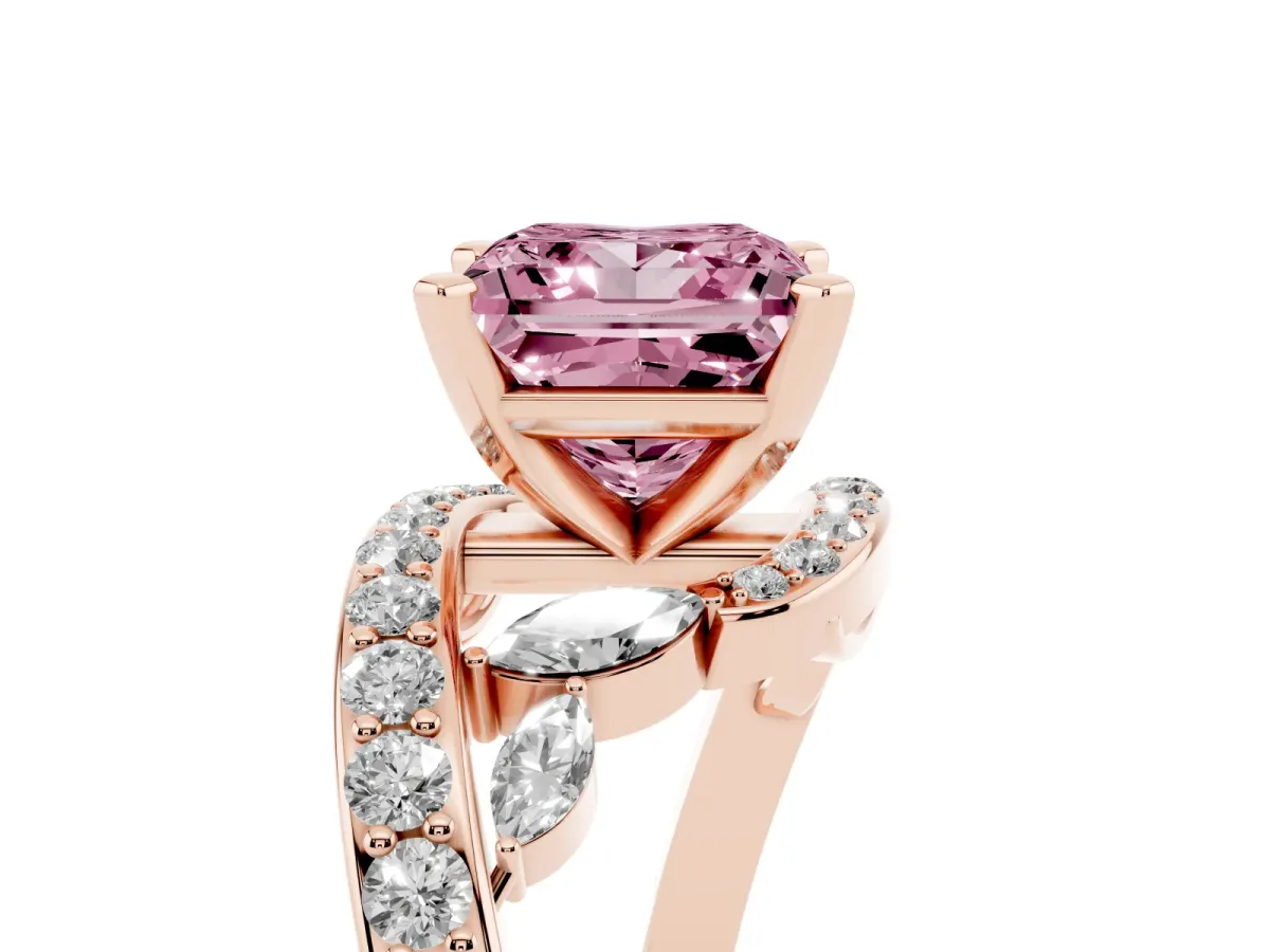 Fancy Pink Princess Cut Solitaire with Pavé Twist Band and Four-Prong Setting Rose gold