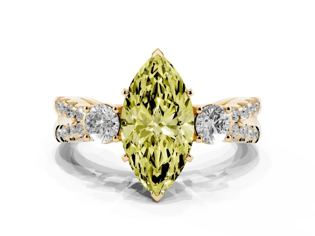 Fancy Yellow Marquise Cut Diamond Three-Stone Ring with Pavé Split Shank and Four-Prong Setting Yellow gold