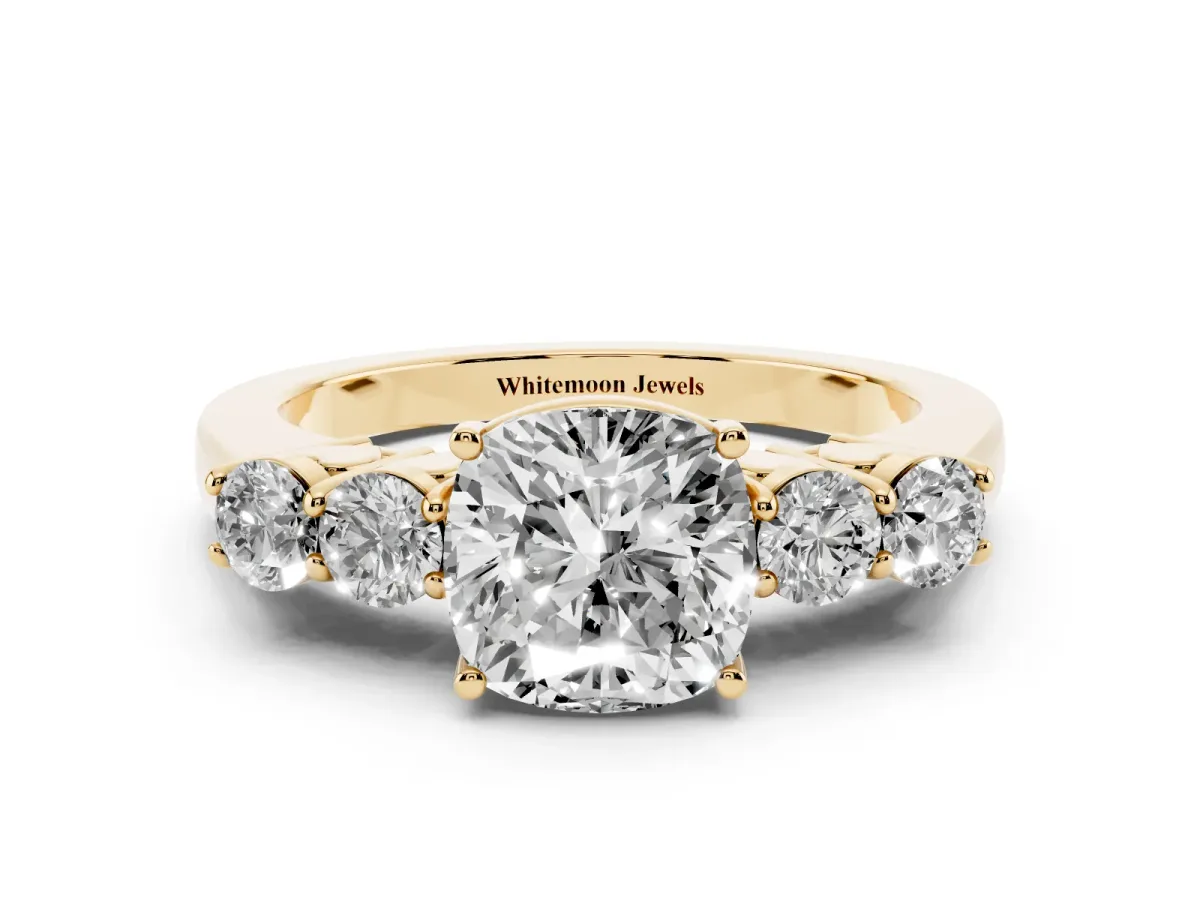 Cushion Cut Cut Diamond Five-Stone Prong Set White Gold Ring Yellow gold
