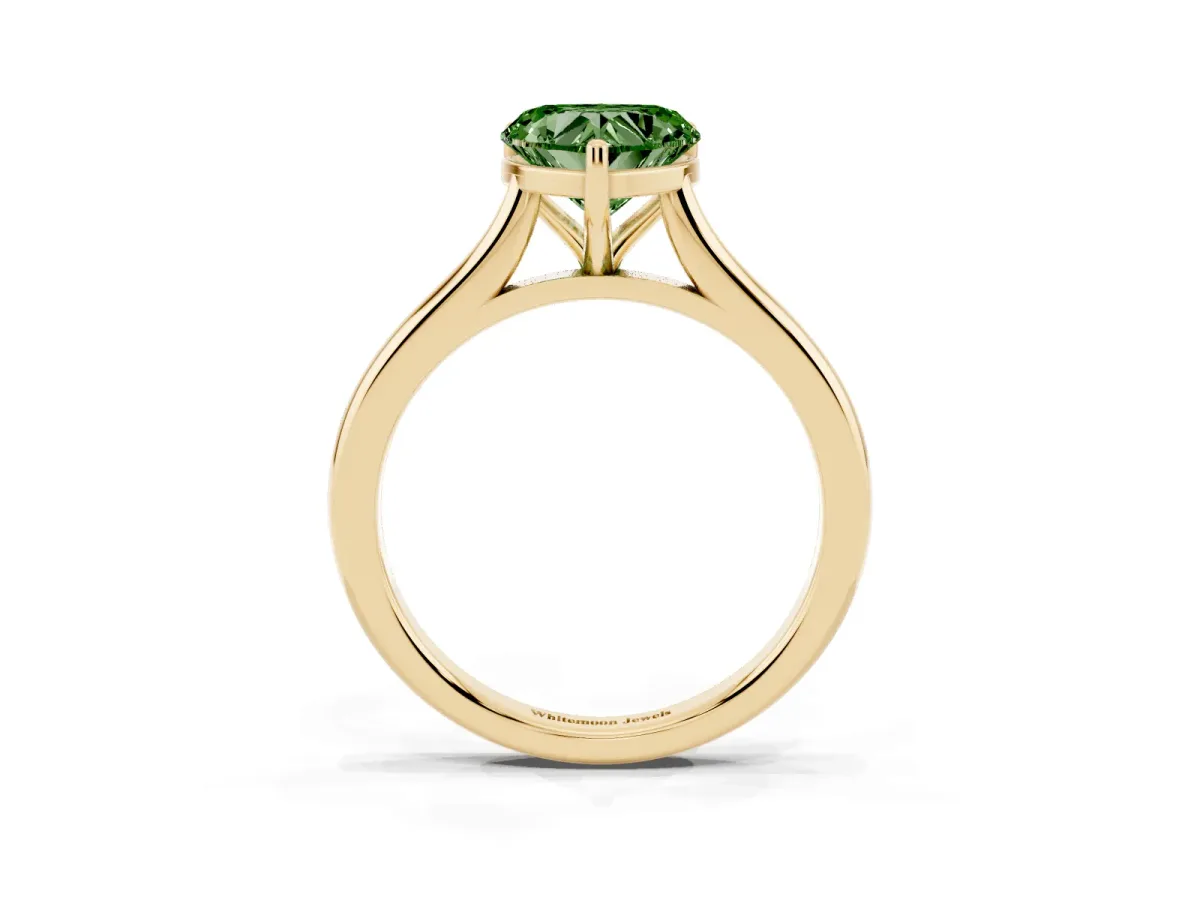 Fancy Green Heart Cut Cut Solitaire Ring with Cathedral Band and Four-Prong Setting Yellow gold