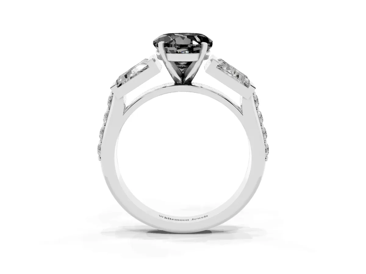 Fancy Black Round Cut Diamond Engagement Ring with Baguette Side Stones and Channel Set Band Platinum
