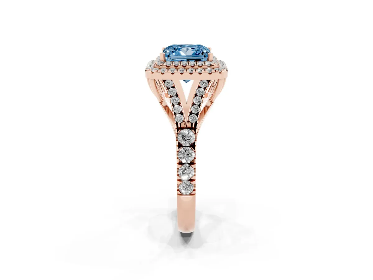 Fancy Blue Princess Cut Diamond Pavé Split Shank Double Halo Engagement Ring Rose gold