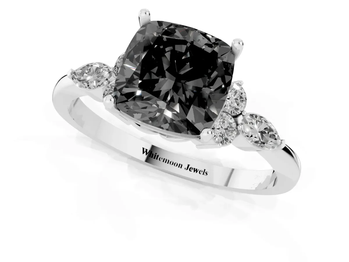 Fancy Black Cushion Cut Brilliant Diamond Solitaire Ring with Pear Side Stones and Four-Prong Setting White gold
