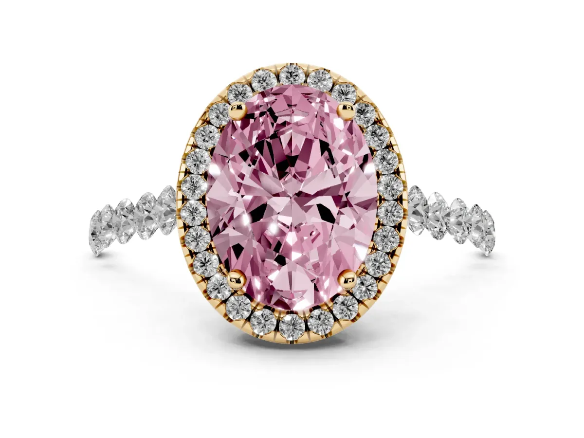 Fancy Pink Oval Cut Halo Pavé Diamond Engagement Ring with Four-Prong Setting Yellow gold