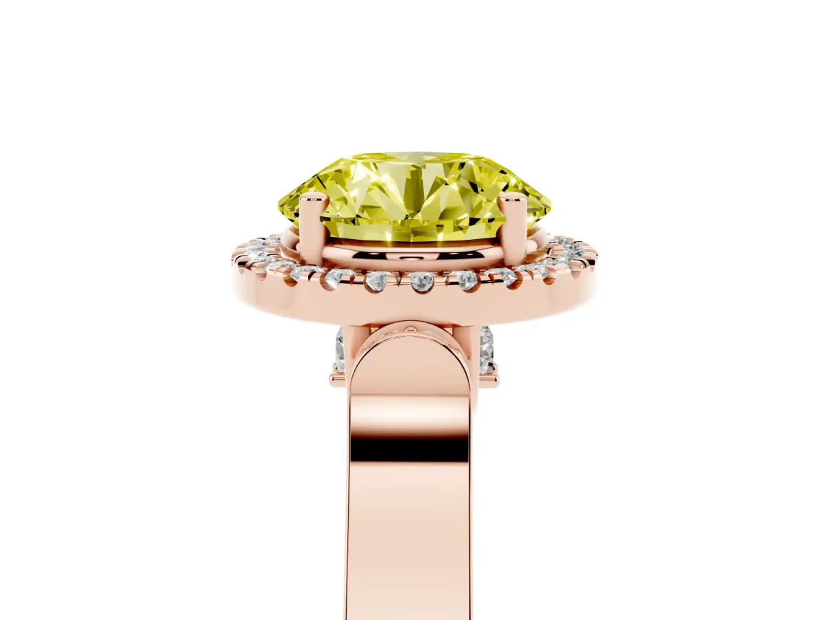 Fancy Yellow Round Cut Halo Round Diamond Twist Band with Four-Prong Setting Rose gold