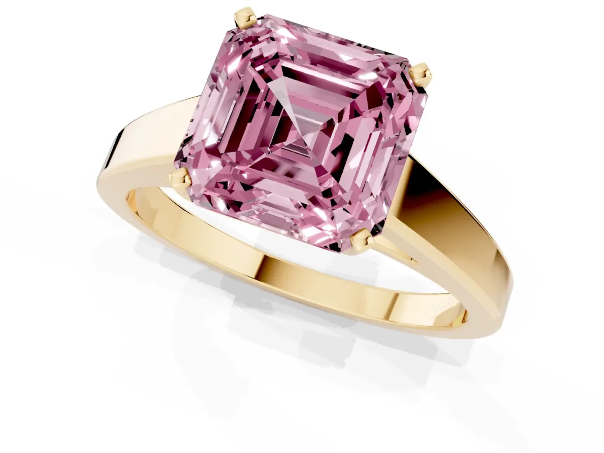 Fancy Pink Asscher Cut Solitaire Engagement Ring with Four-Prong Setting and Tapered Band Yellow gold