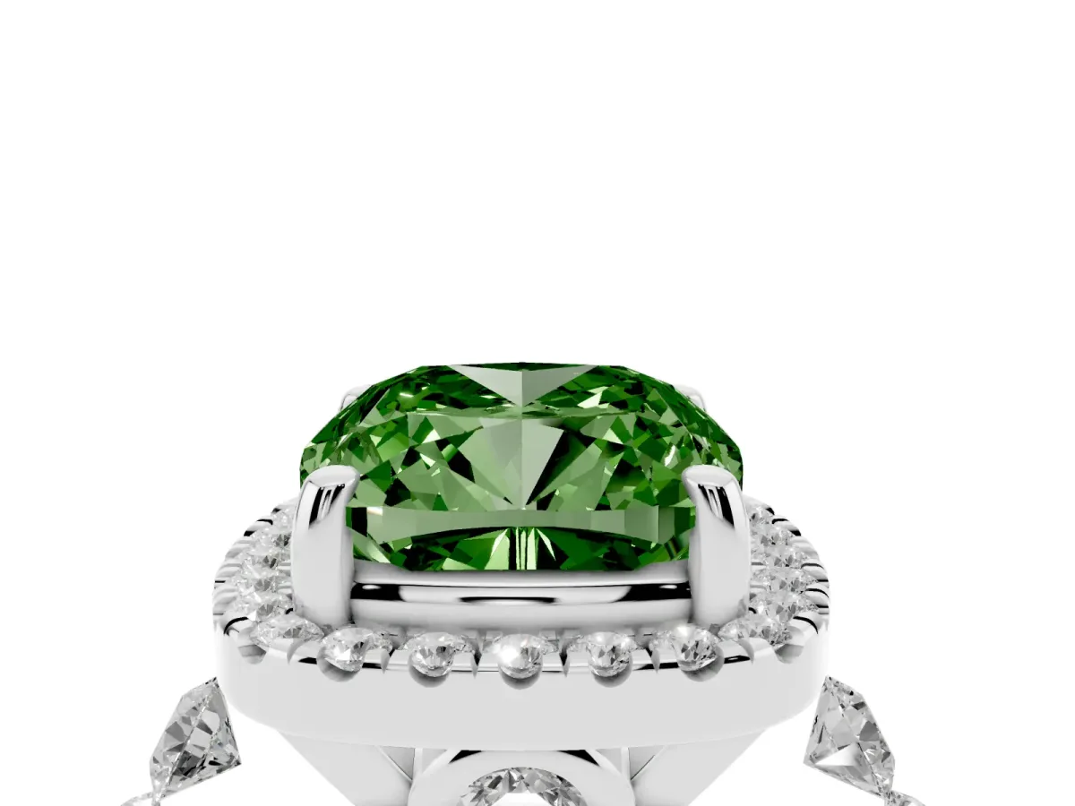 Fancy Green Cushion Cut Halo Pavé Diamond Engagement Ring with Four-Prong Setting Platinum