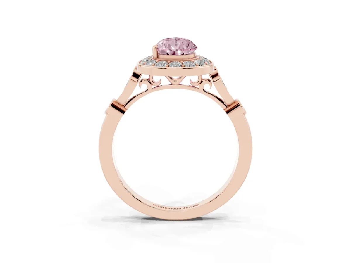 Fancy Pink Pear Cut Halo Diamond Engagement Ring with Twisted Band and Four-Prong Setting Rose gold