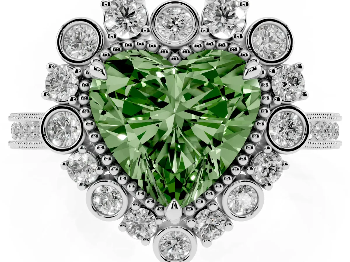 Fancy Green Heart Cut Halo Milgrain Pave Diamond Ring with Four-Prong Setting White gold