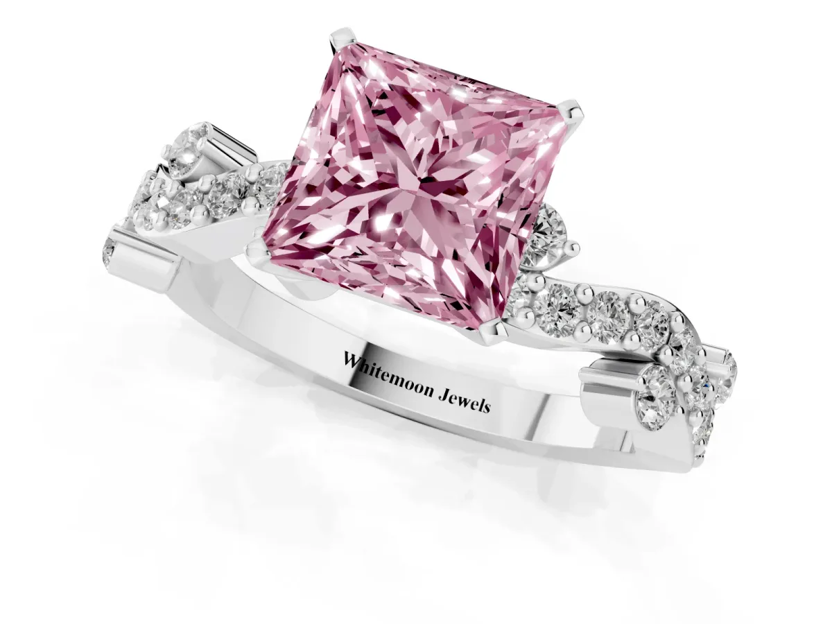 Fancy Pink Princess Cut Cut Solitaire Diamond Twisted Band with Pave Setting Silver