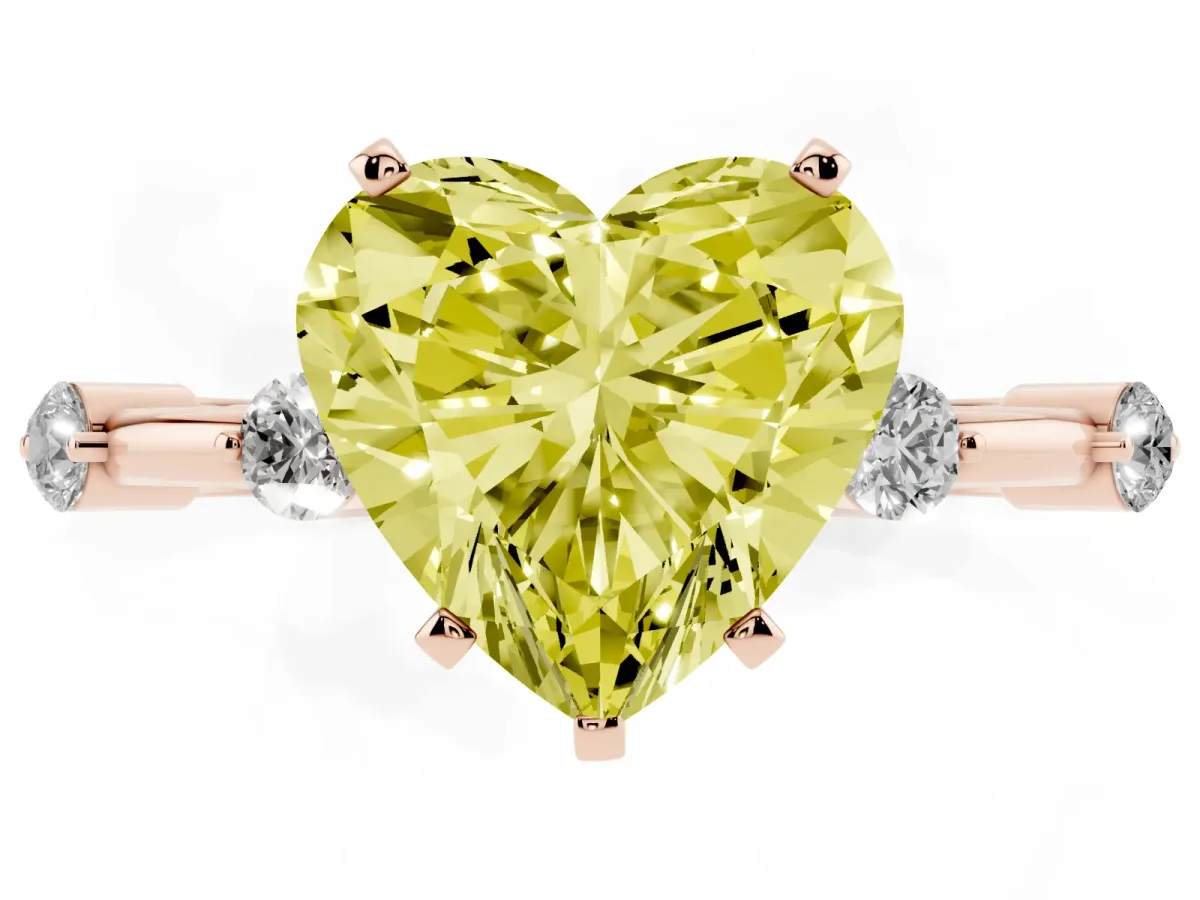 Fancy Yellow Heart Cut Solitaire Diamond Ring with Bezel Set Side Stones and Prong Setting Rose gold