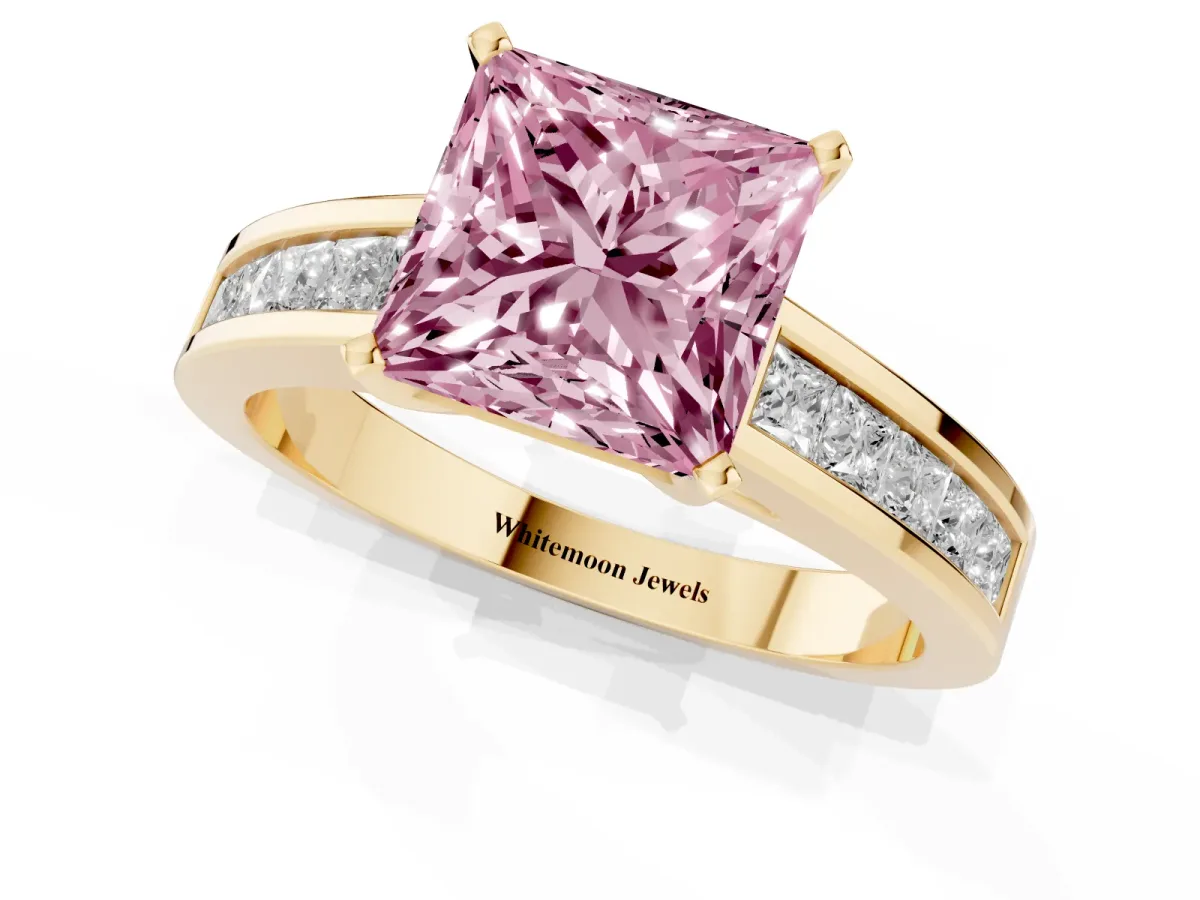 Fancy Pink Princess Cut Solitaire Diamond Ring with Channel-Set Band and Four-Prong Setting Yellow gold