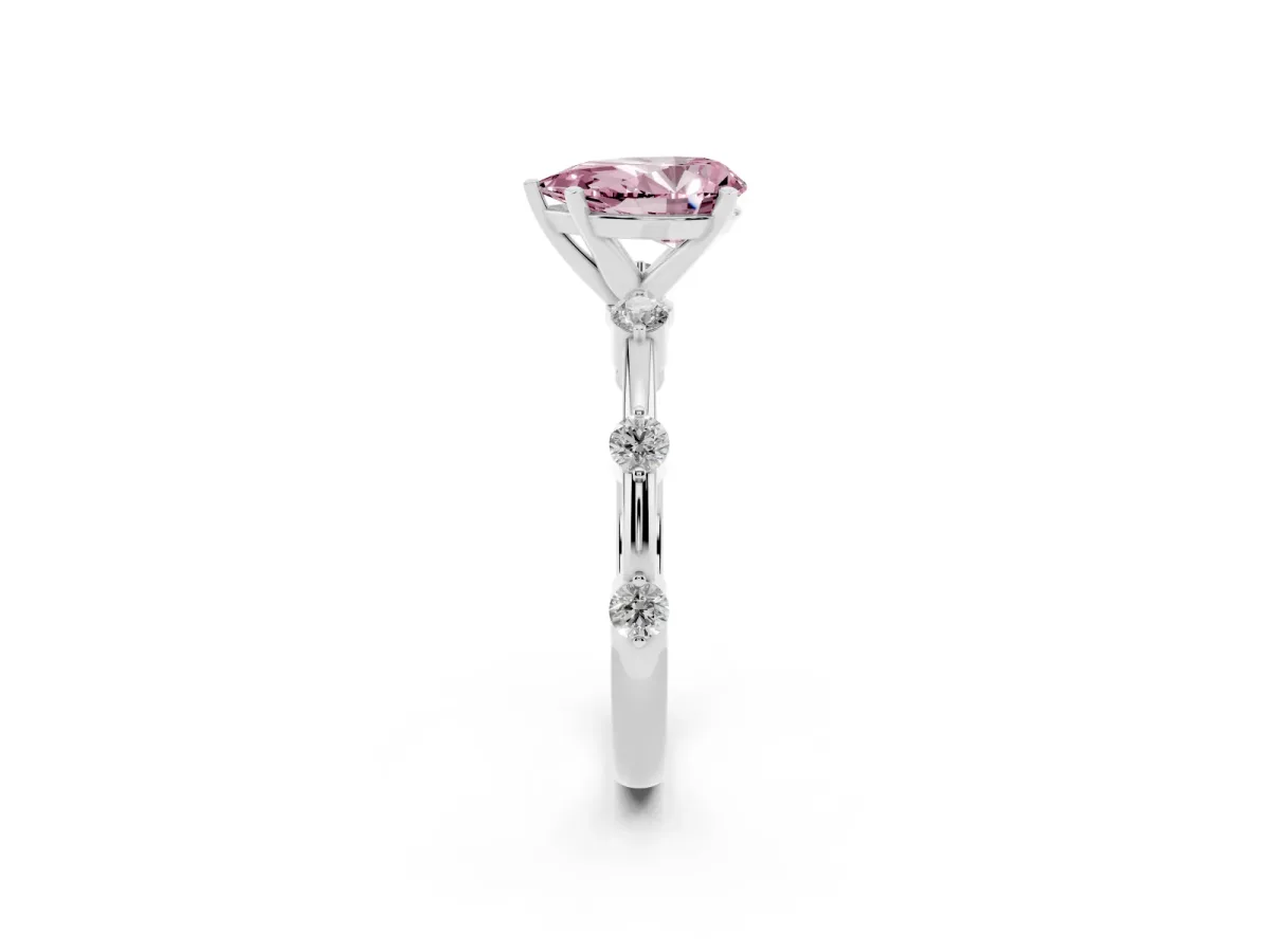 Fancy Pink Pear Cut Solitaire Diamond Ring with Bezel Set Side Stones and Prong Setting Silver