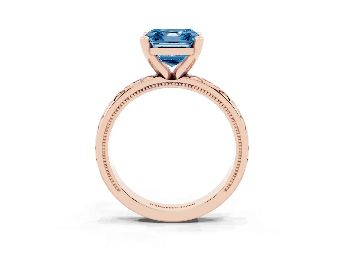 Fancy Blue Asscher Cut Solitaire Engagement Ring with Scrollwork Band and Four-Prong Setting Rose gold